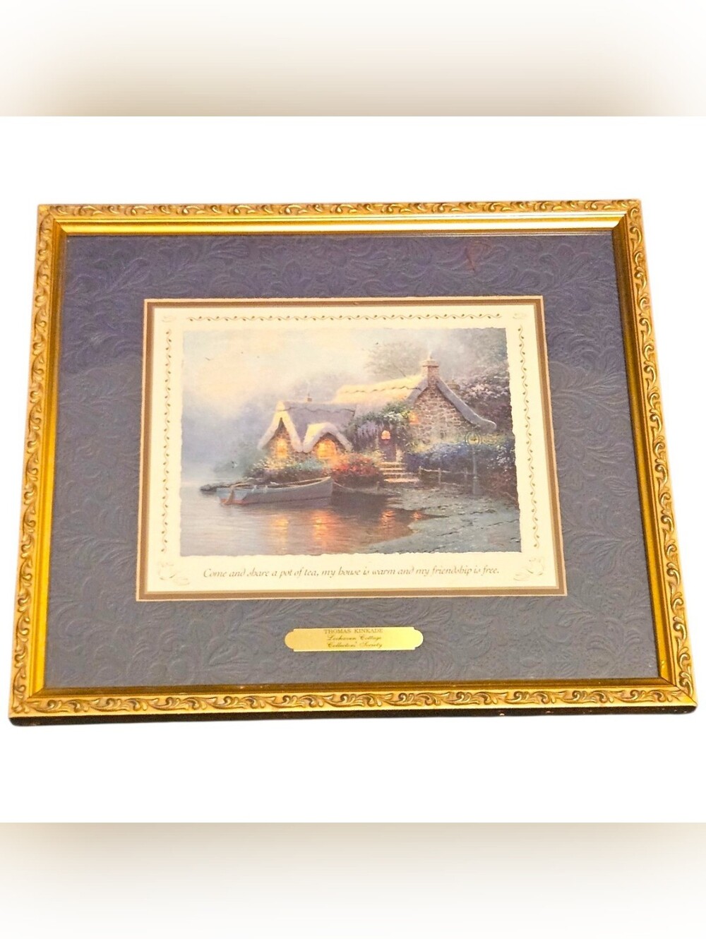 Framed Cottage Print Wall Art - Blue Mat & Gold Frame